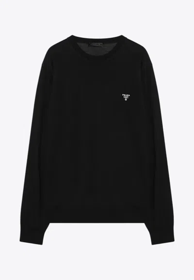 Prada Triangle Logo Wool Crewneck Sweater In Black