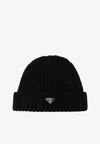 Prada Wool Beanie Hat Folded Brim Ribbed Design In Black