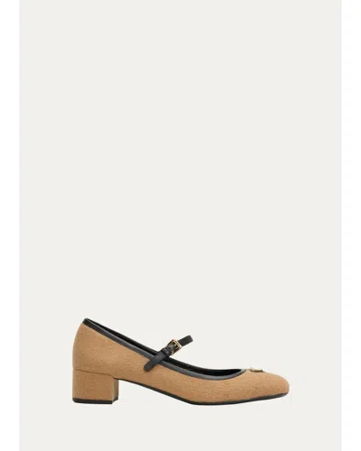 Prada Triangle Logo Wool Mary Jane Ballerina Flats In Brown