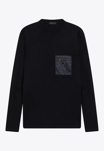 Prada Triangle Logo Wool Sweater In Blue