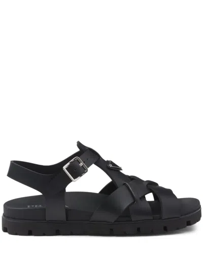 Prada Sandalen Aus Gummi Mit Gekreuztem Band In Schwarz