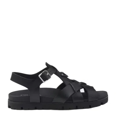 Prada Sandalen Aus Gummi Mit Gekreuztem Band In Schwarz