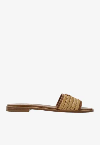 PRADA TRIANGLE LOGO WOVEN STRAP FLAT SANDALS