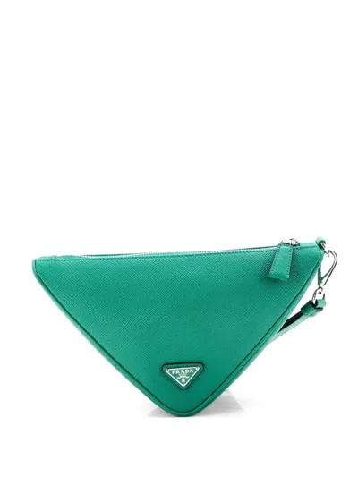 Pre-owned Prada Triangle Logo Wristlet Pouch Embossed Saffiano Leather Mini Clutch Bag In Green