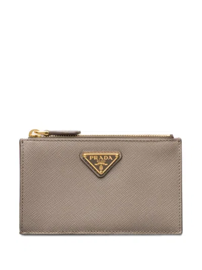 Prada Triangle-logo Zip Card Holder In Brown
