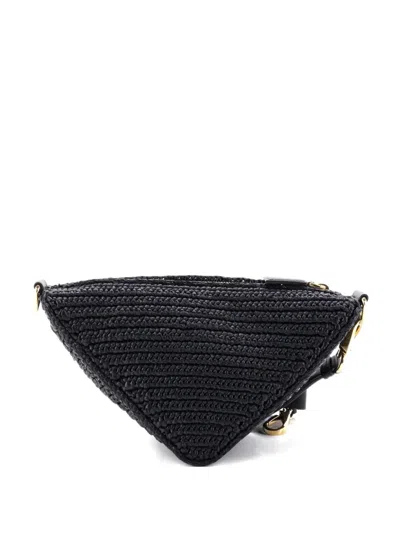 Pre-owned Prada Triangle Logo Zip Crochet Raffia Small Crossbody Bag In Black