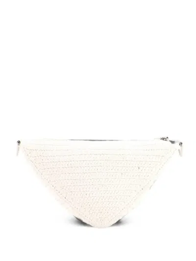 Pre-owned Prada Triangle Logo Zip Crochet Raffia Small Crossbody Bag In White