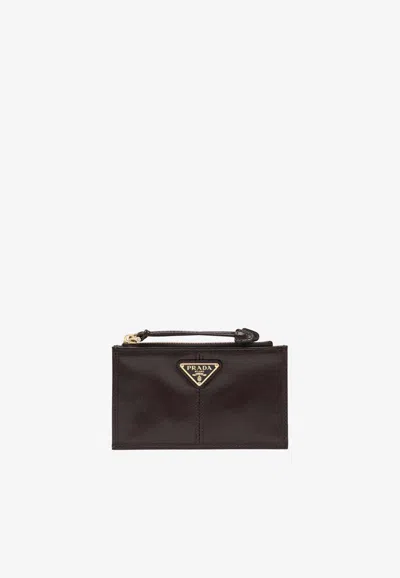 Prada Triangle Logo Zip Leather Cardholder In Brown