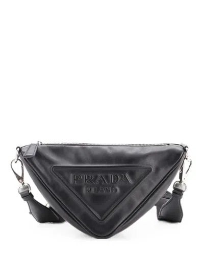 Pre-owned Prada Triangle Logo Zip Leather Small Crossbody Bag In Black
