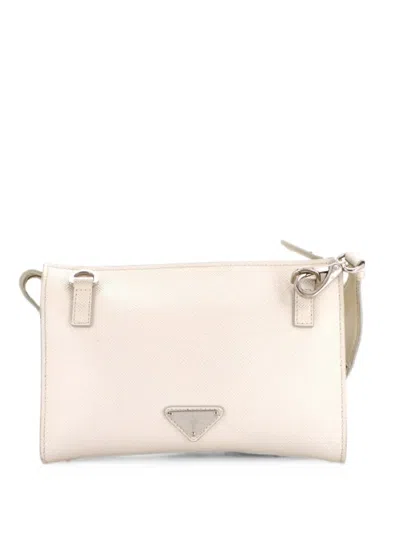 Pre-owned Prada Triangle Logo Zip Messenger Bag Embossed Saffiano Leather Small Crossbody Bag In White