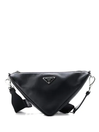 Pre-owned Prada Triangle Logo Zip Soft Leather Small Crossbody Bag In Black