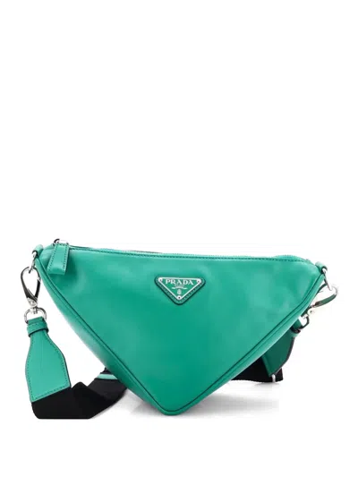 Pre-owned Prada Triangle Logo Zip Soft Leather Small Crossbody Bag In Green