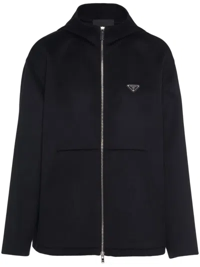 Prada Triangle-logo Zip-up Hoodie In Black