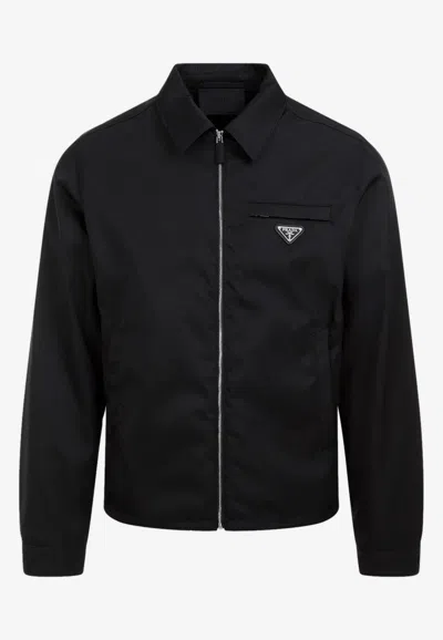 Prada Triangle Logo Zip-up Overshirt In Black