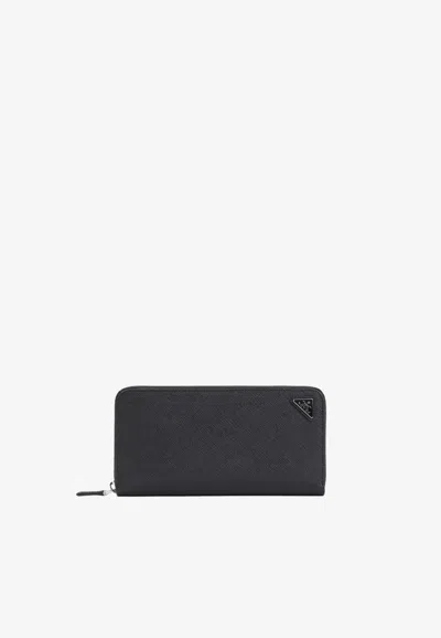 Prada Triangle Logo Zip-around Wallet In Saffiano Leather In Black