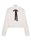 Prada Triangle-ogo Velvet-bow Shirt In White