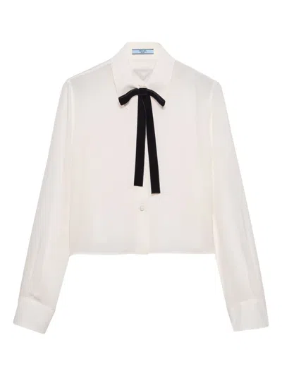 Prada Triangle-ogo Velvet-bow Shirt In White