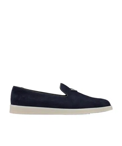 Prada Triangle-patch Suede Loafers In Blue