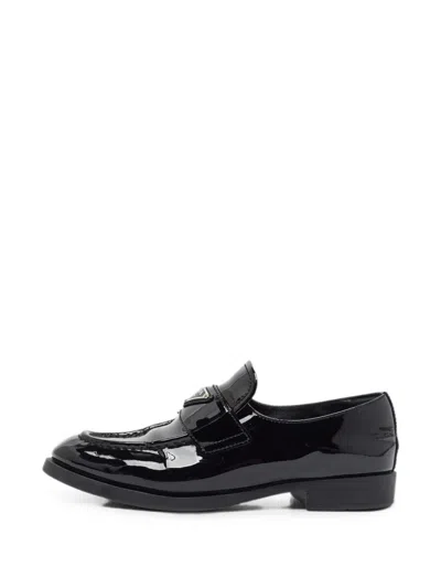 Pre-owned Prada Triangle Patent Leather Loafers In Black