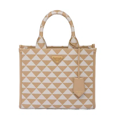 Prada Small  Symbole Embroidered Fabric Handbag In Nude