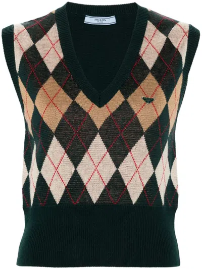Prada Triangle-plaque Argyle-knit Vest In Green