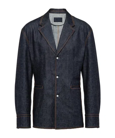 Prada Triangle-plaque Denim Jacket In Blue