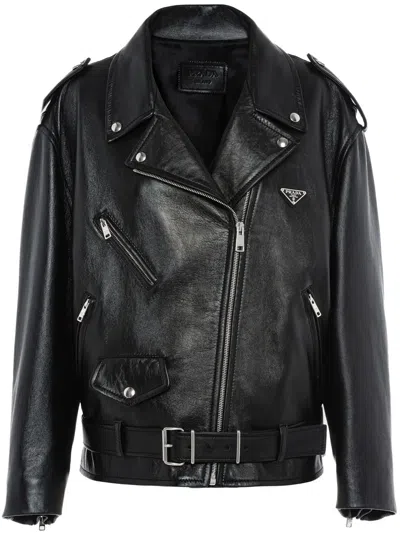 Prada Lederjacke Mit Triangel-schild In Black