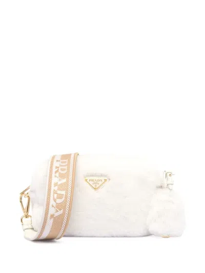 Prada Triangle-plaque Shearling Shoulder Bag In F0009 White