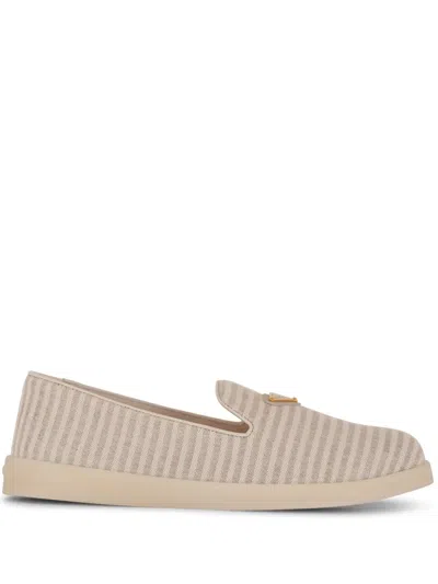 Prada Triangle-plaque Stiped Canvas Slippers In Neutrals