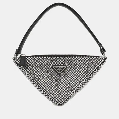 Pre-owned Prada Triangle Pouch Black Satin Crystalbijoux