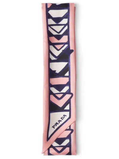 Prada Silk Triangle Print Skinny Scarf In Pink Multi