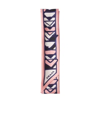 Prada Silk Triangle Print Skinny Scarf In Pink Multi