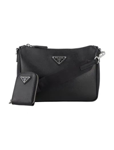 Prada Leather Crossbody Bag With Adjustable Shoulder Strap In Black