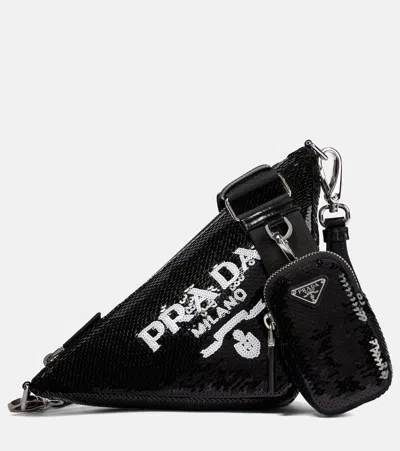 Prada Triangle Sequin Shoulder Bag In Nero+bianco