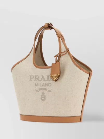 Prada Triangle Shape Canvas Handbag With Leather Trim