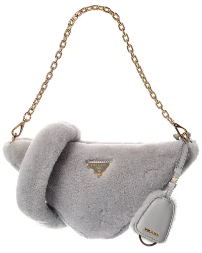Prada Triangle Shearling Shoulder Bag In Gray