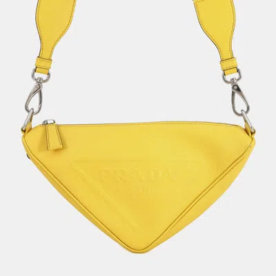 Pre-owned Prada Triangle Shoulder Bag Yellow Saffiano Leatherleather