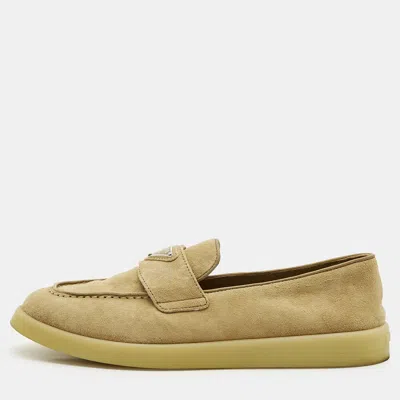Pre-owned Prada Triangle Size 35 Beige Suede Loafers In Sand