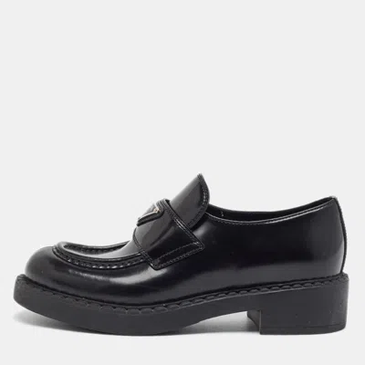 Pre-owned Prada Triangle Size 37 Black Leather Brush Platform Loafers
