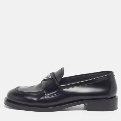 Pre-owned Prada Triangle Size 37 Black Leather Loafers