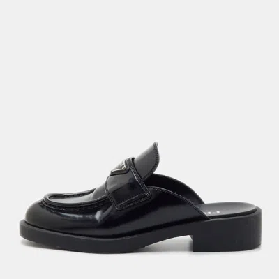 Pre-owned Prada Triangle Size 37.5 Black Leather Platform Loafer Mules