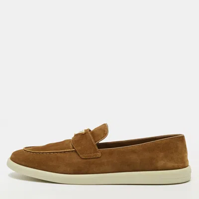 Pre-owned Prada Triangle Size 41 Brown Suede Loafers
