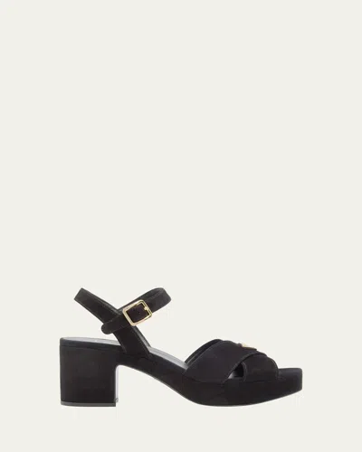 Prada Triangle Suede Platform Sandals In Black