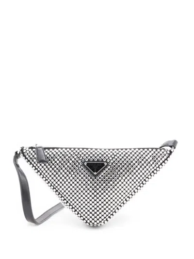 Pre-owned Prada Triangle Top Handle Pouch Bag Crystal Embellished Satin Mini Satchel In Black