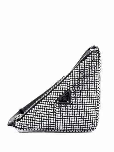 Pre-owned Prada Triangle Top Handle Pouch Bag Crystal Embellished Satin Mini Satchel In Black