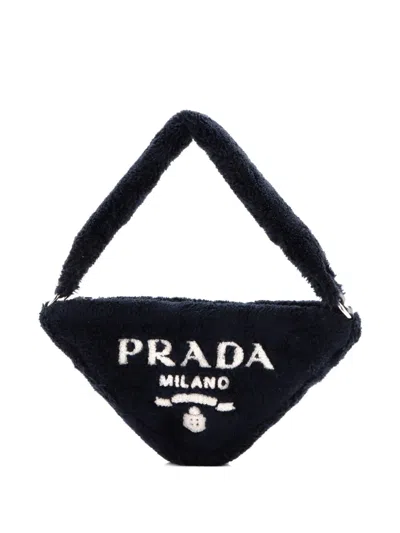 Pre-owned Prada Triangle Top Handle Pouch Bag Terry Cloth Mini Shoulder Bag In Black