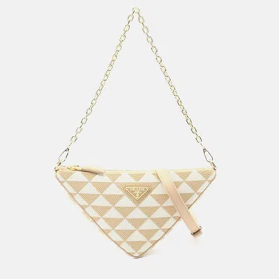 Pre-owned Prada Triangle Triangolo Jacqu Shoulder Bag Canvas Beige White In Sand