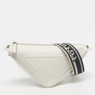 Pre-owned Prada Triangle White Saffiano Cuir Leather Shoulder Bag