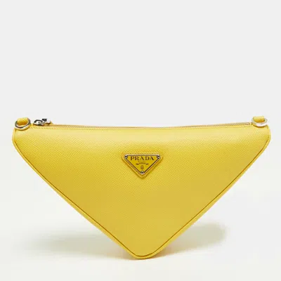 Pre-owned Prada Triangle Yellow Saffiano Lux Leather Clutch