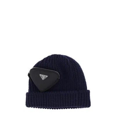 Prada Triangle Zipped Pouch Ribbed Beanie In Black